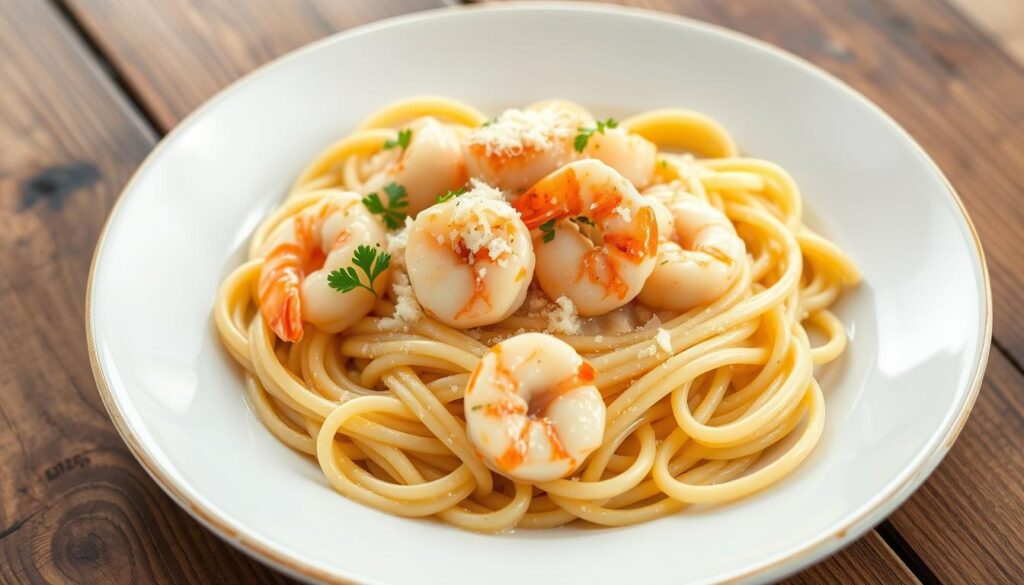 shrimp scallop recipe, shrimp and scallop in Alfredo sauce recipe, baked scallop