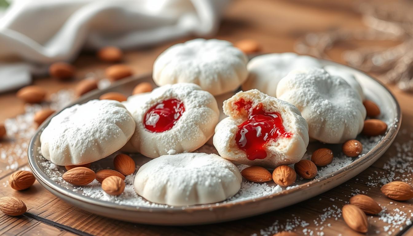 Raspberry Filled Almond Snow Cookies