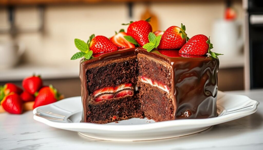 chocolate cake with strawberry filling